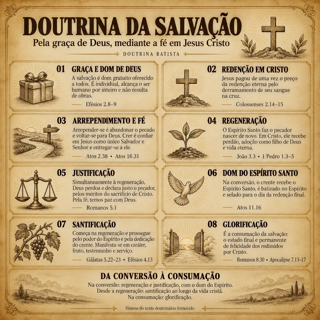 Infográfico completo: Doutrina da Salvação. A descrição e os principais temas aparecem no texto desta página.