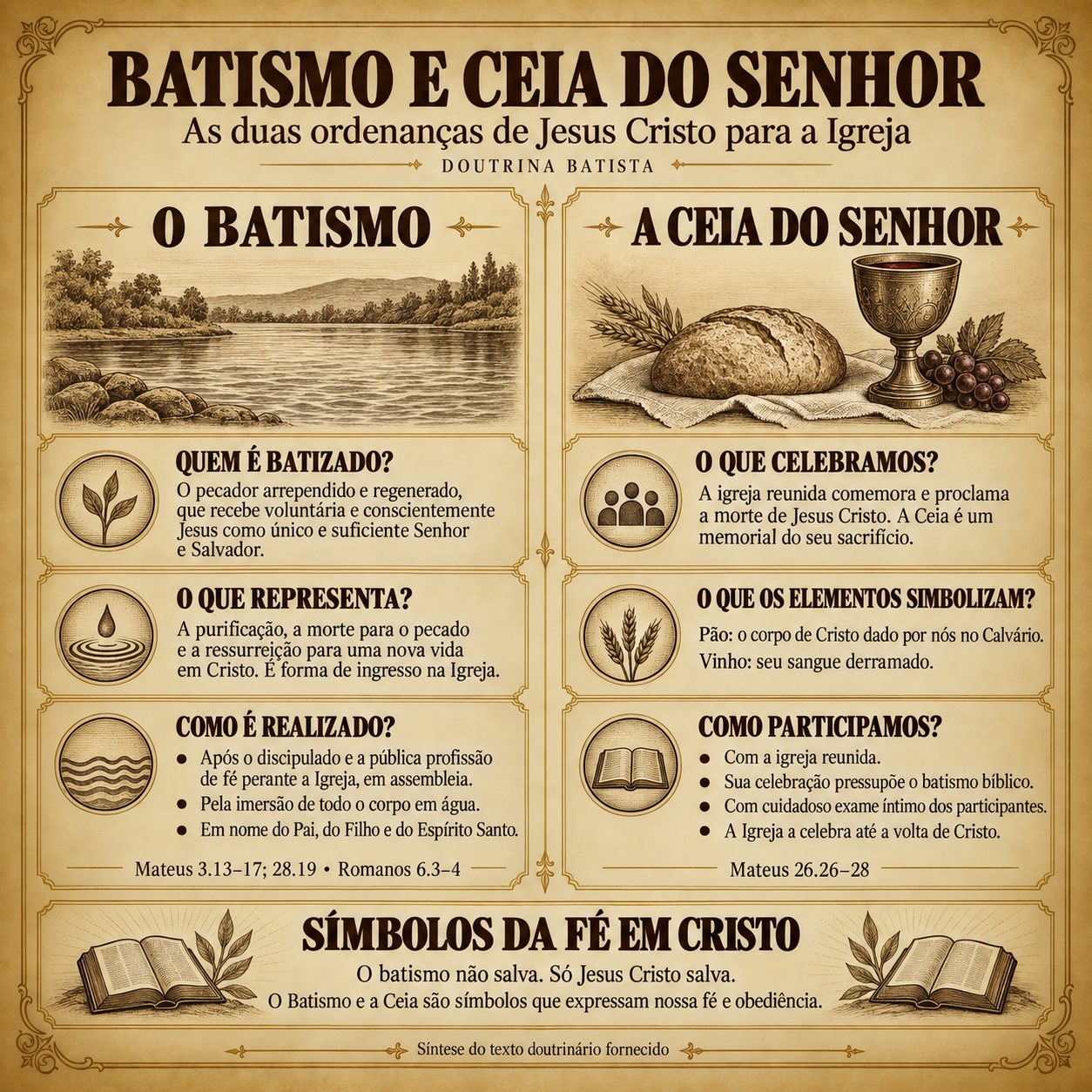 Infográfico completo: Batismo e Ceia do Senhor. A descrição e os principais temas aparecem no texto desta página.
