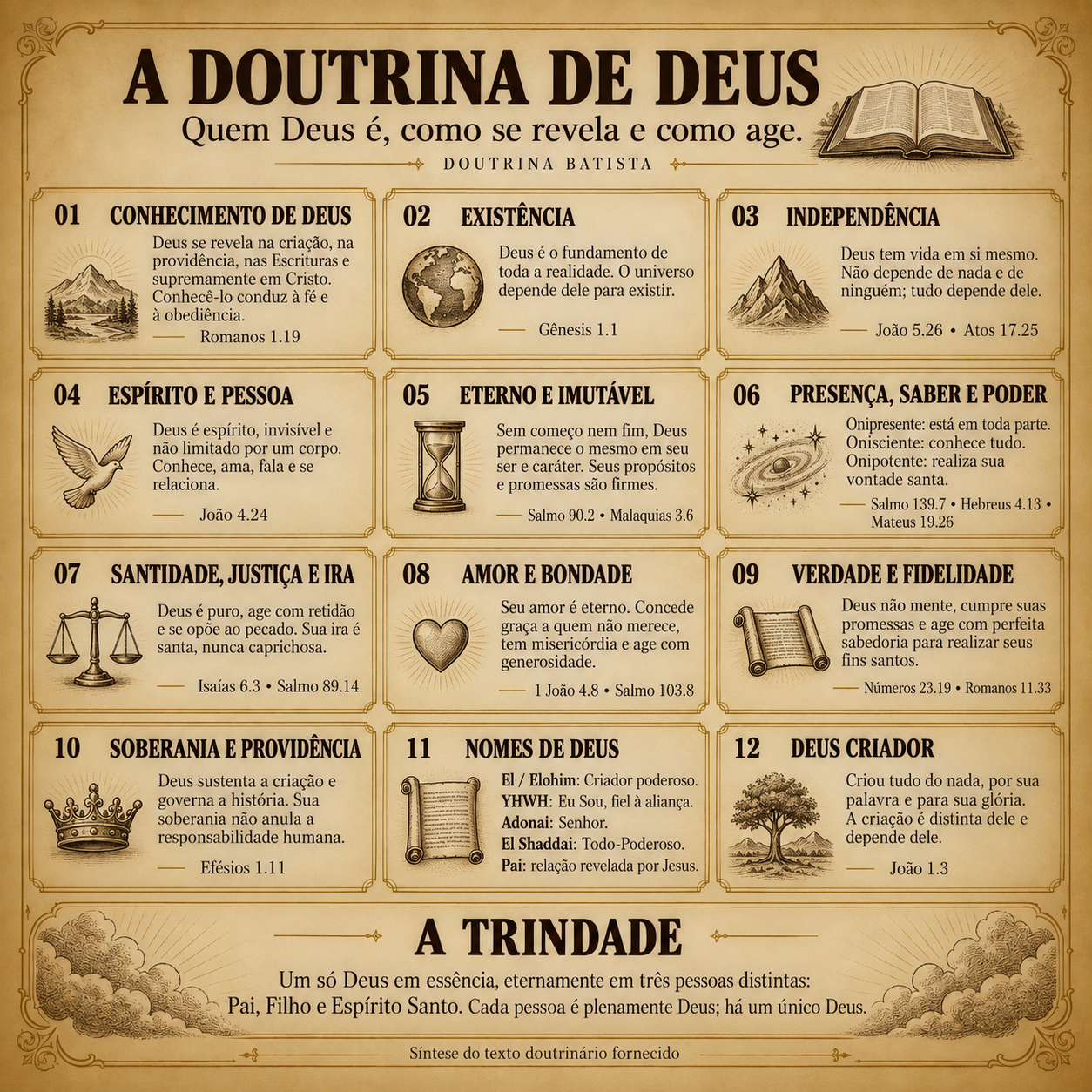 Infográfico completo: A Doutrina de Deus. A descrição e os principais temas aparecem no texto desta página.