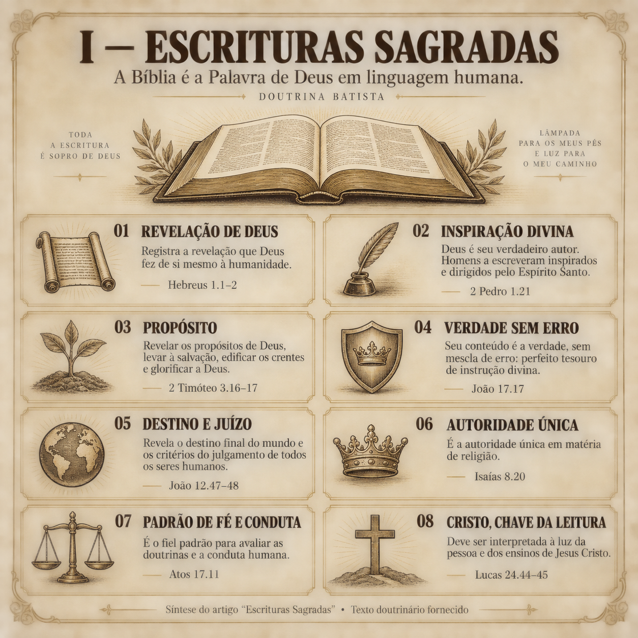 Infográfico completo: Escrituras Sagradas. A descrição e os principais temas aparecem no texto desta página.