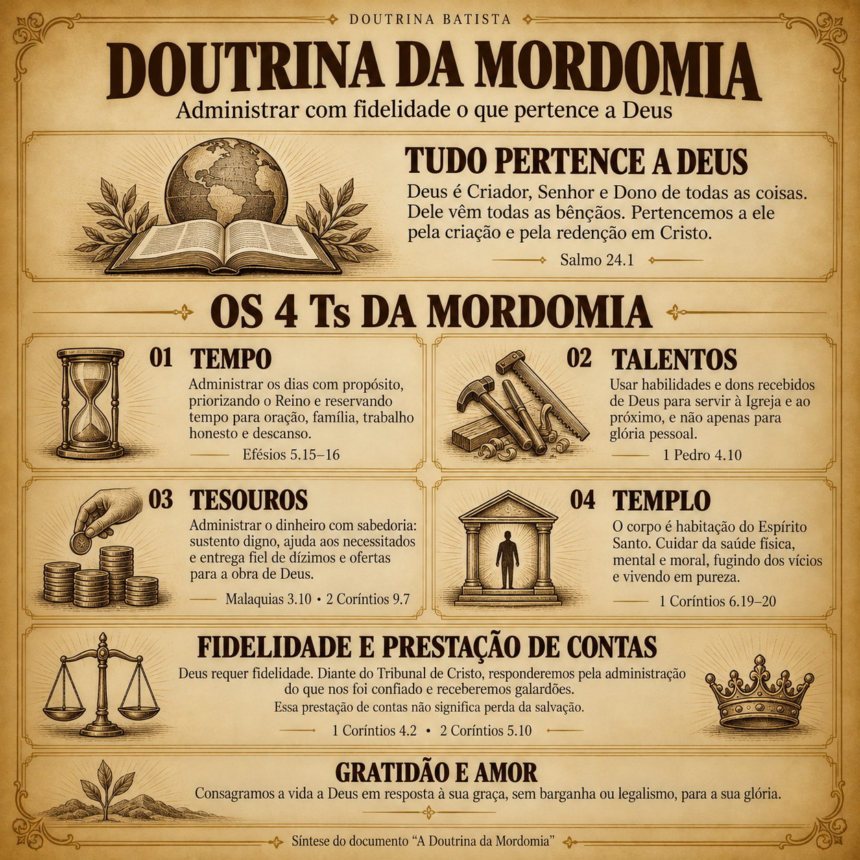 Infográfico completo: Doutrina da Mordomia. A descrição e os principais temas aparecem no texto desta página.