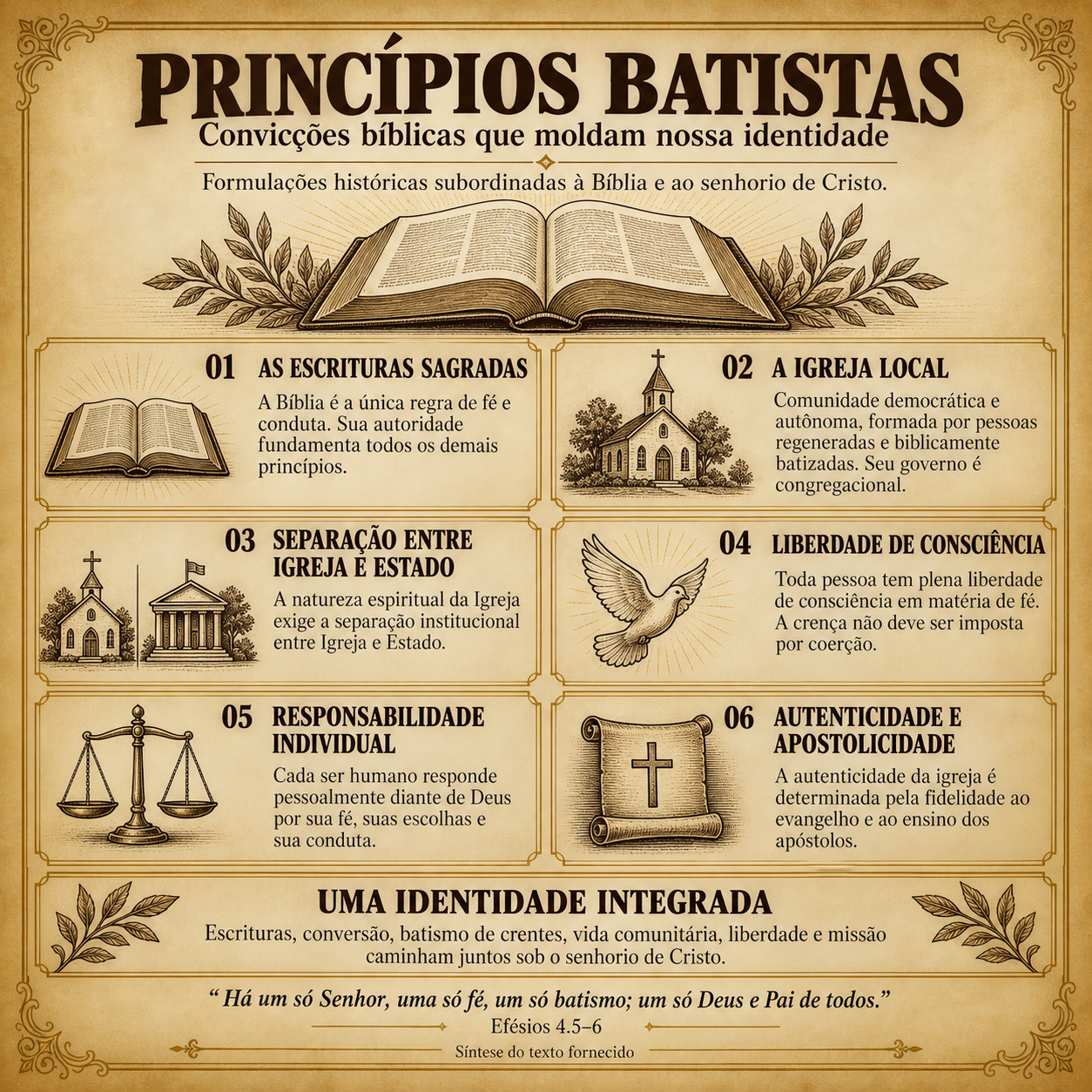 Infográfico completo: Princípios Batistas. A descrição e os principais temas aparecem no texto desta página.